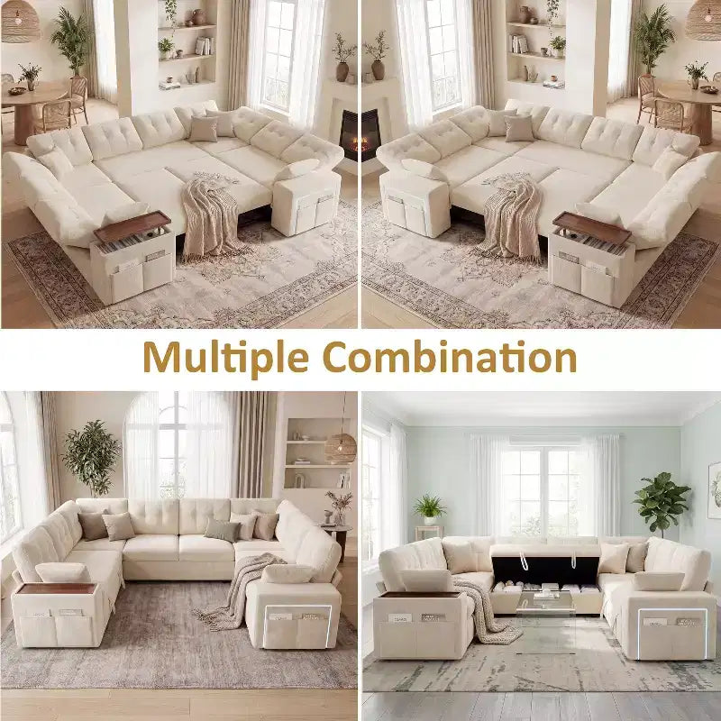 Dyonery 112 Modular Sofa Set, U-Shaped 8-Seater Sofa Bed / With Height-Adjustable Storage Chaise Armrests / USB/LED Light, Chenille Sofa Bed.