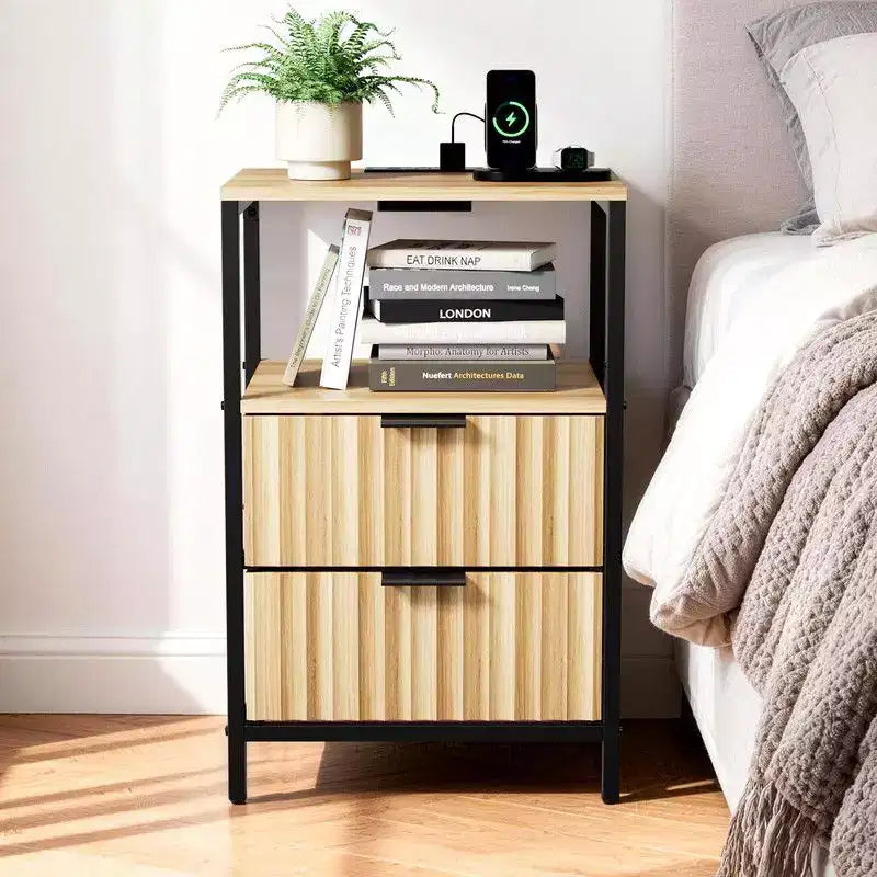 Karl Home 15 Inches Wide Nightstand - 2 Drawers, 1 Shelf, US Power Outlet - set of 2
