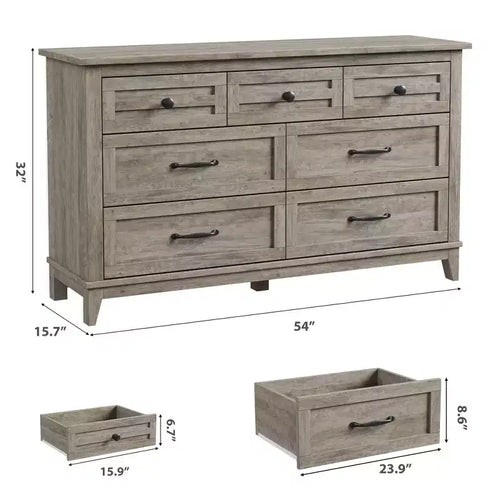 7 Drawer Dresser, 54 Inch Wide Wooden Chest Of Drawers with Deep Storage, Anti-Tip Bedroom Dresser for Living Room, Entryway, Hallway, Office