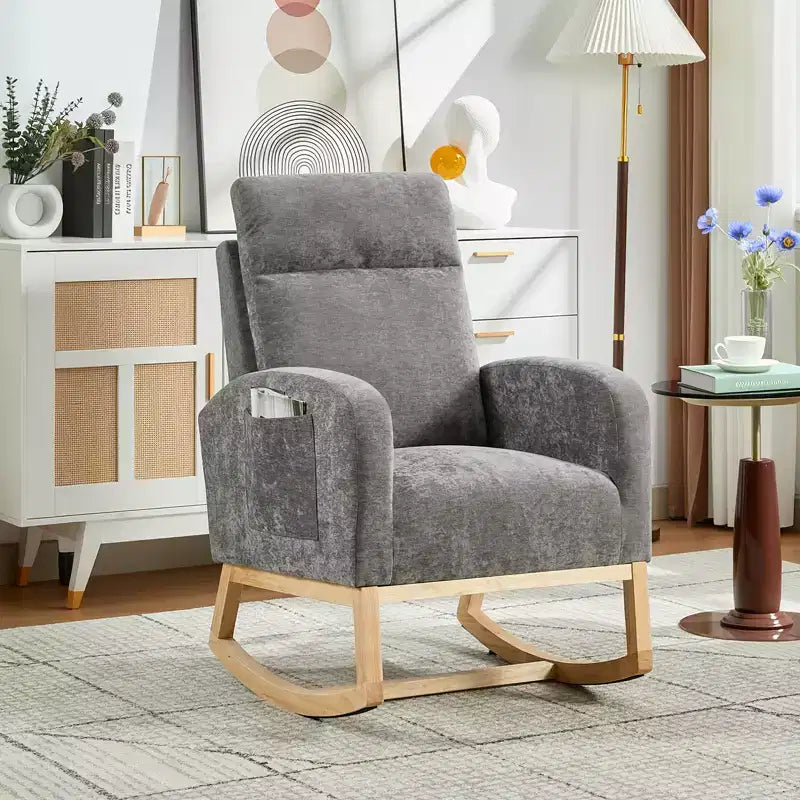40.9 Stylish Teddy Fleece Rocking Accent Chair, High Back Design with Armrests & Side Storage, Solid Wood Legs for Bedroom