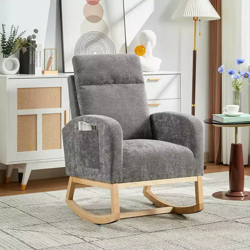 40.9 Stylish Teddy Fleece Rocking Accent Chair, High Back Design with Armrests & Side Storage, Solid Wood Legs for Bedroom
