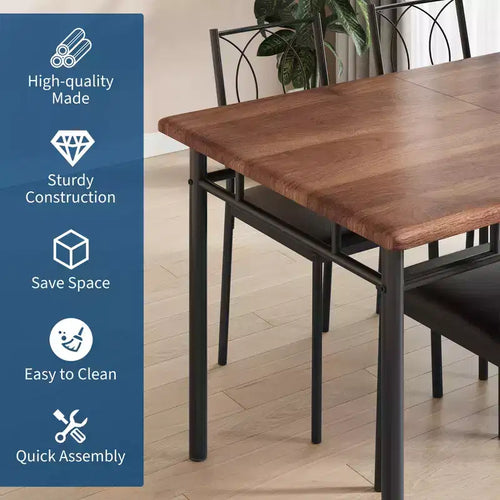 5-Piece Dining Table Set, Farmhouse Wood Steel Table with Upholstered Chairs, Compact Kitchen Furniture, Easy to Clean, Ideal for Small Apartments