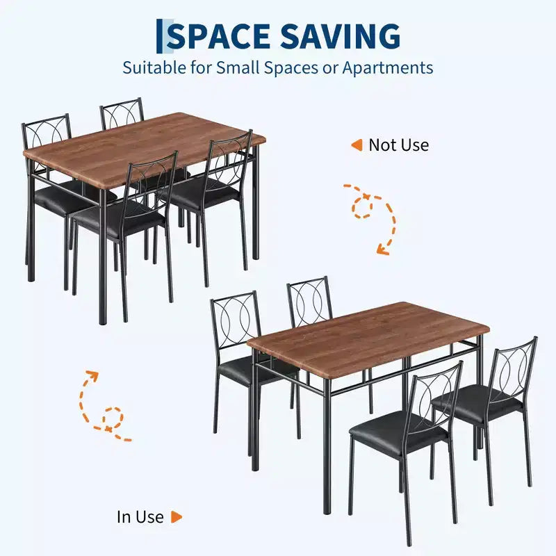5-Piece Dining Table Set, Farmhouse Wood Steel Table with Upholstered Chairs, Compact Kitchen Furniture, Easy to Clean, Ideal for Small Apartments