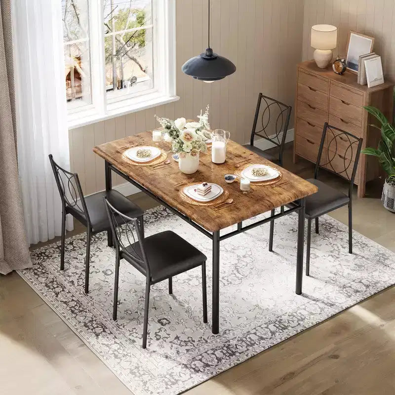 5-Piece Dining Table Set, Farmhouse Wood Steel Table with Upholstered Chairs, Compact Kitchen Furniture, Easy to Clean, Ideal for Small Apartments