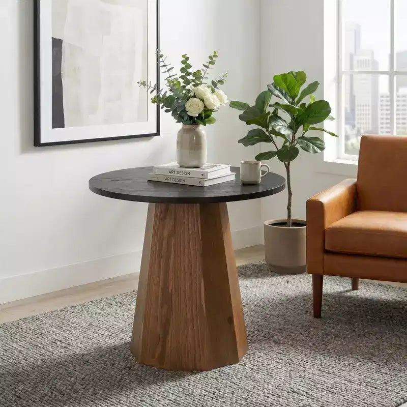 JVNOXK Round Coffee Table Sturdy Pedestal Wooden Tea Table for Living Room Easy to Assemble,Black,Wood