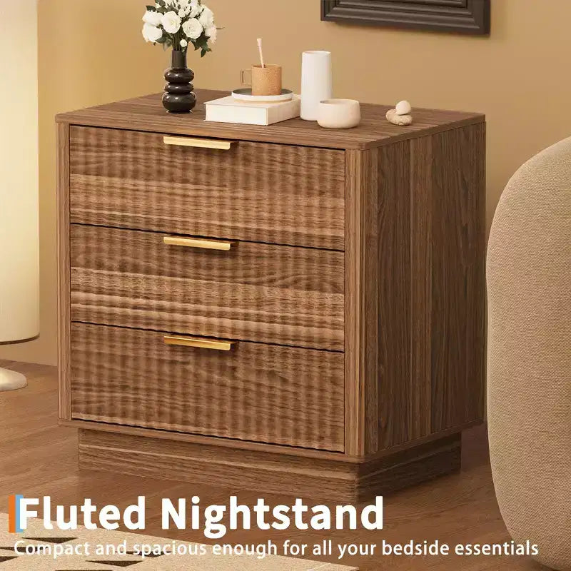 Fluted Nightstand, 23.6 Dx15.6 w Wide Side Table with 3 Large Storage Drawers, Mid Century Modern Wood Night Stand with Metal Handle