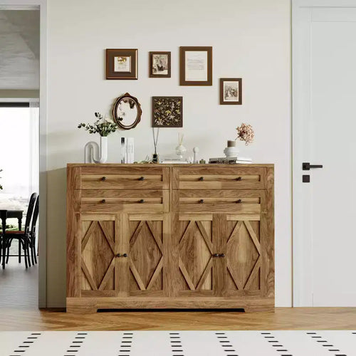 55 Farmhouse Sideboard Buffet Cabinet w/ 4 Doors & 4 Drawers, Large Wooden Kitchen Storage & Coffee Bar w/ Adjustable Shelves for Dining Room