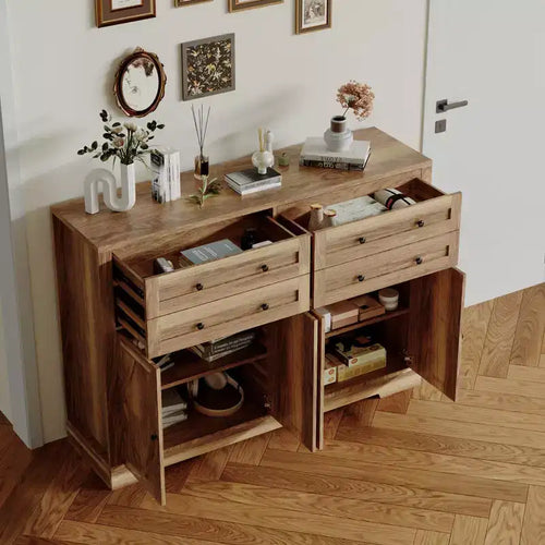 55 Farmhouse Sideboard Buffet Cabinet w/ 4 Doors & 4 Drawers, Large Wooden Kitchen Storage & Coffee Bar w/ Adjustable Shelves for Dining Room