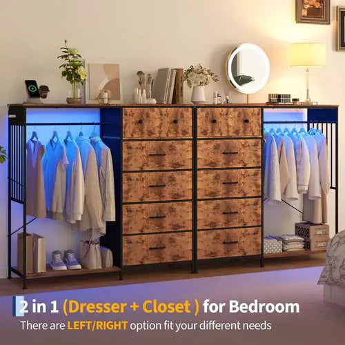 6-Drawer Dresser with Clothes Rack & Charging Station, Fabric Storage Chest with Wood Top & Lights, Closet Organizer Cabinet for Bedroom
