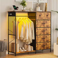 6-Drawer Dresser with Clothes Rack & Charging Station, Fabric Storage Chest with Wood Top & Lights, Closet Organizer Cabinet for Bedroom