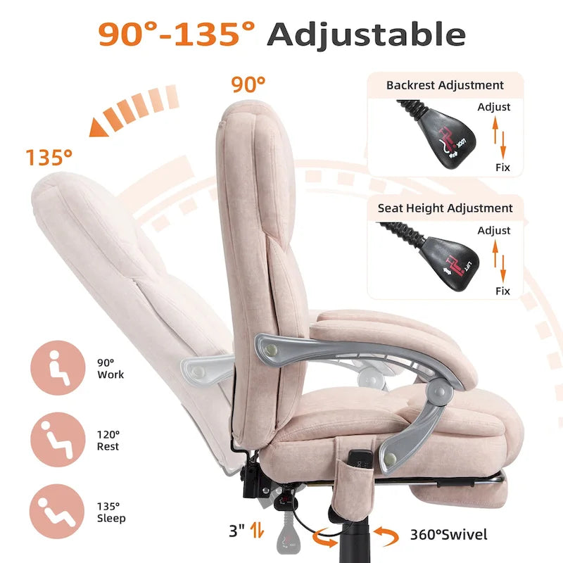 Chaise de bureau de massage chauffante avec repose-pieds, chaise de bureau ergonomique inclinable avec support lombaire et hauteur réglable.
