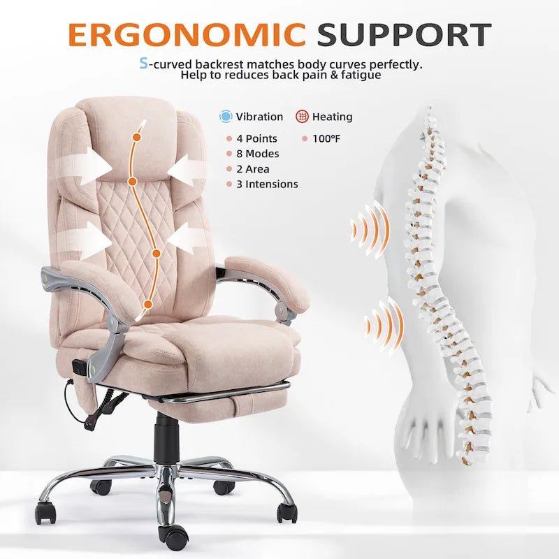 Chaise de bureau de massage chauffante avec repose-pieds, chaise de bureau ergonomique inclinable avec support lombaire et hauteur réglable.