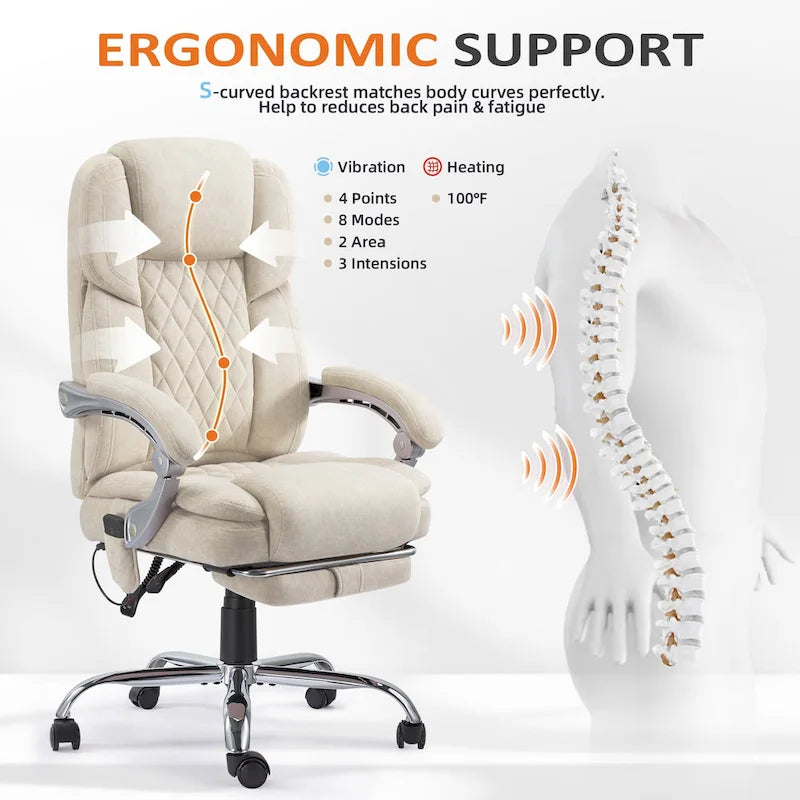 Chaise de bureau de massage chauffante avec repose-pieds, chaise de bureau ergonomique inclinable avec support lombaire et hauteur réglable.