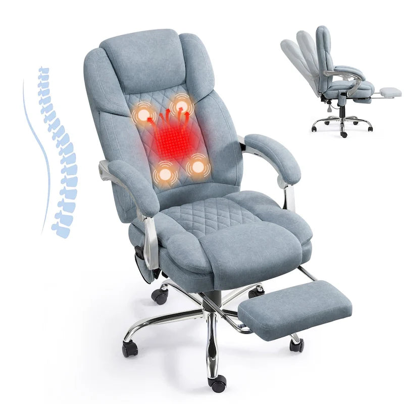 Chaise de bureau de massage chauffante avec repose-pieds, chaise de bureau ergonomique inclinable avec support lombaire et hauteur réglable.
