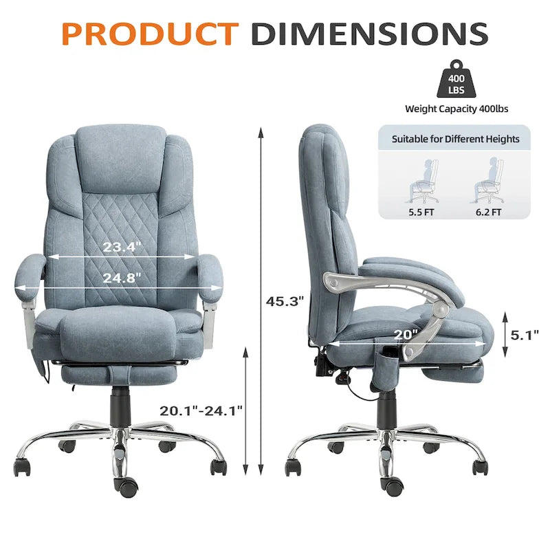Chaise de bureau de massage chauffante avec repose-pieds, chaise de bureau ergonomique inclinable avec support lombaire et hauteur réglable.