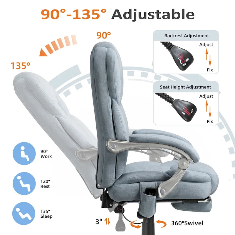 Chaise de bureau de massage chauffante avec repose-pieds, chaise de bureau ergonomique inclinable avec support lombaire et hauteur réglable.