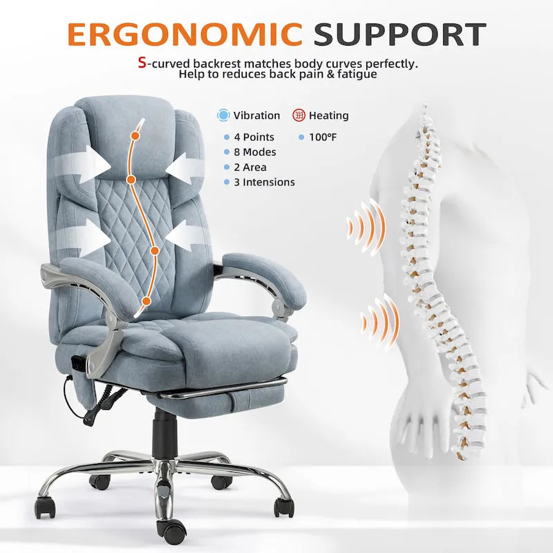 Chaise de bureau de massage chauffante avec repose-pieds, chaise de bureau ergonomique inclinable avec support lombaire et hauteur réglable.
