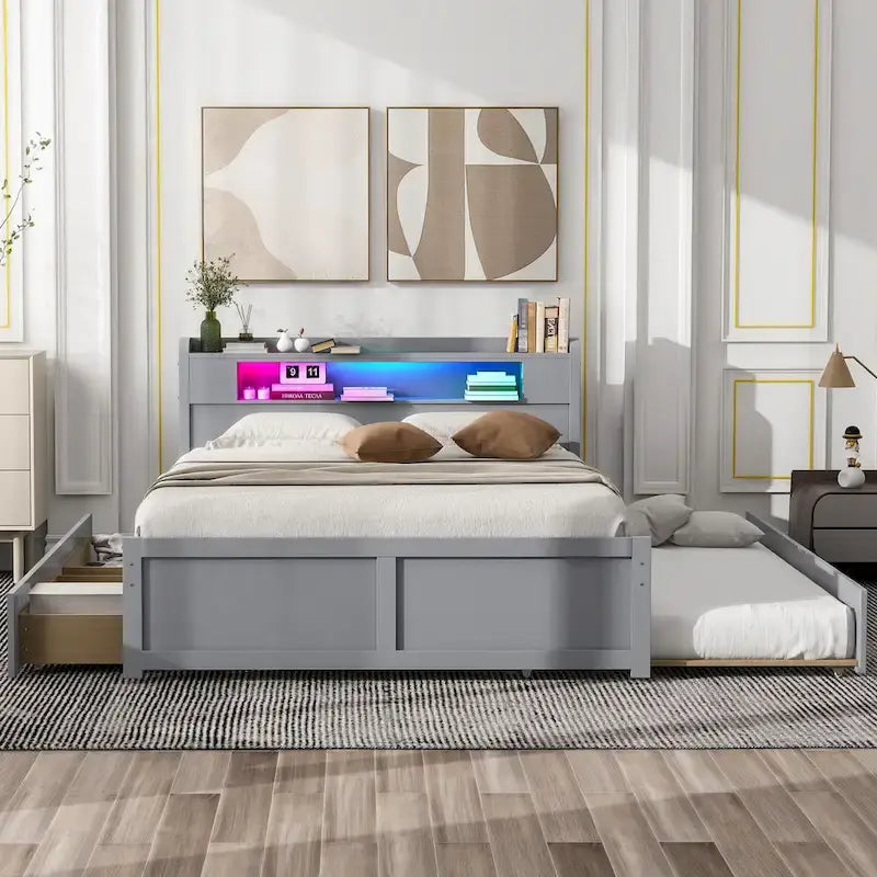 Lit plateforme avec lumières LED et lit gigogne, cadre de lit de rangement en bois avec étagère de tête de lit et 2 tiroirs pour enfants, adolescents et adultes