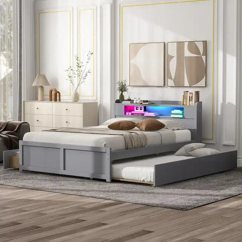 Lit plateforme avec lumières LED et lit gigogne, cadre de lit de rangement en bois avec étagère de tête de lit et 2 tiroirs pour enfants, adolescents et adultes