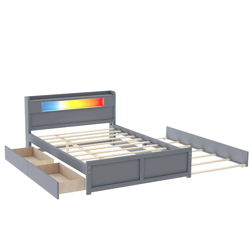 Lit plateforme avec lumières LED et lit gigogne, cadre de lit de rangement en bois avec étagère de tête de lit et 2 tiroirs pour enfants, adolescents et adultes