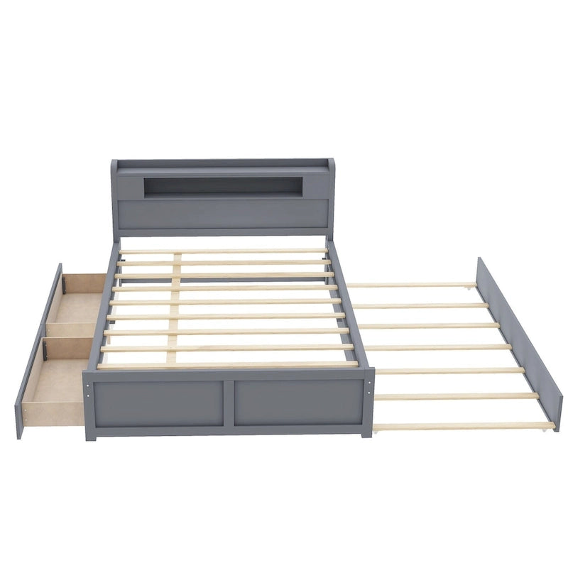 Lit plateforme avec lumières LED et lit gigogne, cadre de lit de rangement en bois avec étagère de tête de lit et 2 tiroirs pour enfants, adolescents et adultes