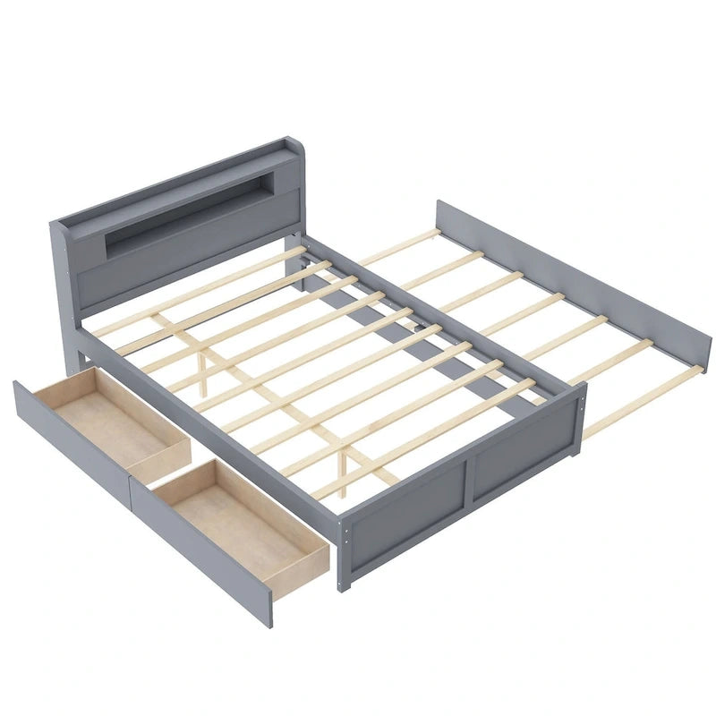 Lit plateforme avec lumières LED et lit gigogne, cadre de lit de rangement en bois avec étagère de tête de lit et 2 tiroirs pour enfants, adolescents et adultes