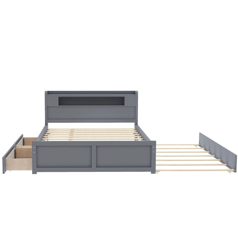 Lit plateforme avec lumières LED et lit gigogne, cadre de lit de rangement en bois avec étagère de tête de lit et 2 tiroirs pour enfants, adolescents et adultes