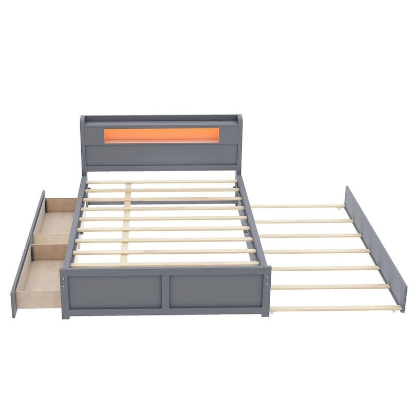 Lit plateforme avec lumières LED et lit gigogne, cadre de lit de rangement en bois avec étagère de tête de lit et 2 tiroirs pour enfants, adolescents et adultes