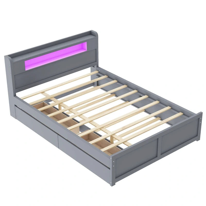 Lit plateforme avec lumières LED et lit gigogne, cadre de lit de rangement en bois avec étagère de tête de lit et 2 tiroirs pour enfants, adolescents et adultes