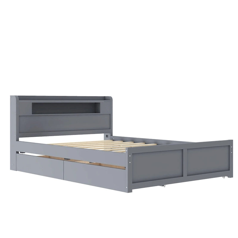 Lit plateforme avec lumières LED et lit gigogne, cadre de lit de rangement en bois avec étagère de tête de lit et 2 tiroirs pour enfants, adolescents et adultes
