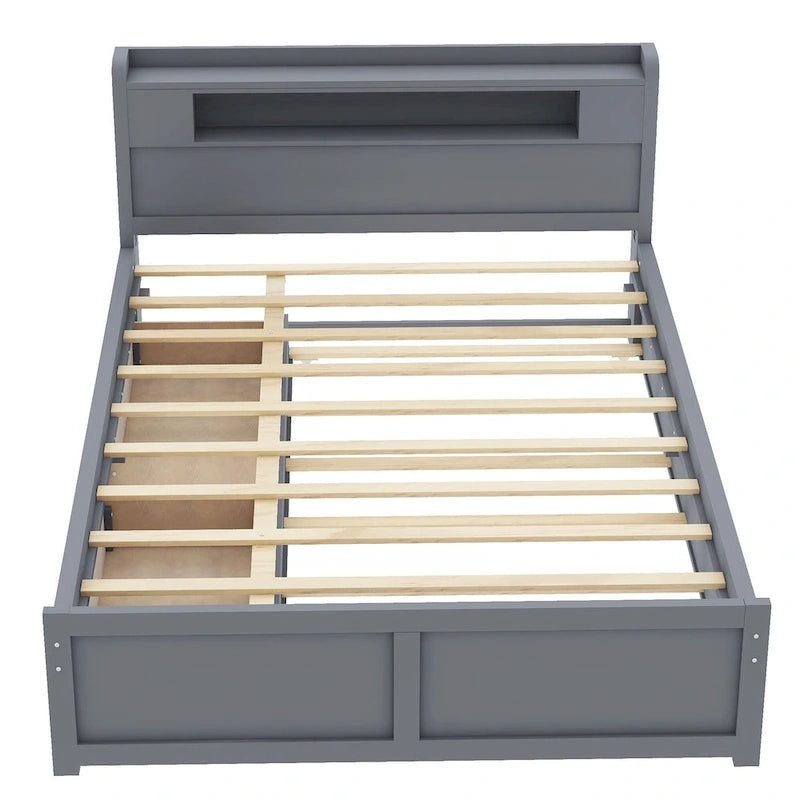 Lit plateforme avec lumières LED et lit gigogne, cadre de lit de rangement en bois avec étagère de tête de lit et 2 tiroirs pour enfants, adolescents et adultes