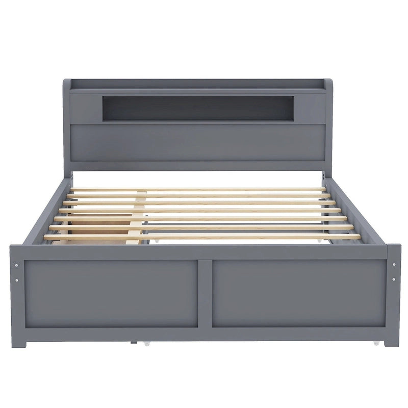 Lit plateforme avec lumières LED et lit gigogne, cadre de lit de rangement en bois avec étagère de tête de lit et 2 tiroirs pour enfants, adolescents et adultes