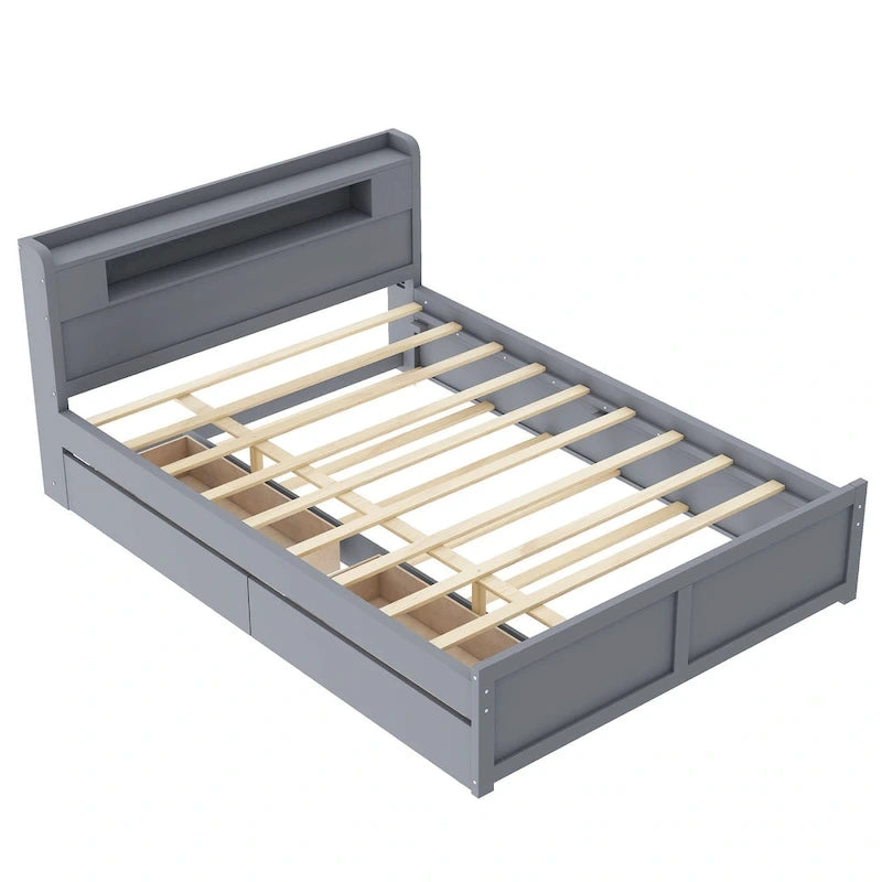 Lit plateforme avec lumières LED et lit gigogne, cadre de lit de rangement en bois avec étagère de tête de lit et 2 tiroirs pour enfants, adolescents et adultes