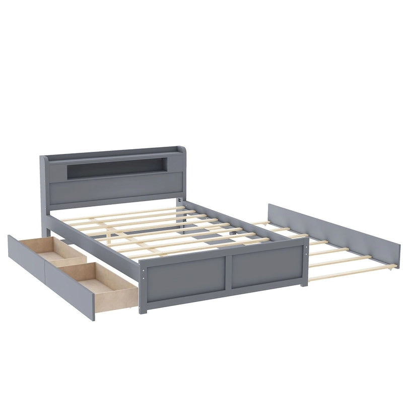 Lit plateforme avec lumières LED et lit gigogne, cadre de lit de rangement en bois avec étagère de tête de lit et 2 tiroirs pour enfants, adolescents et adultes