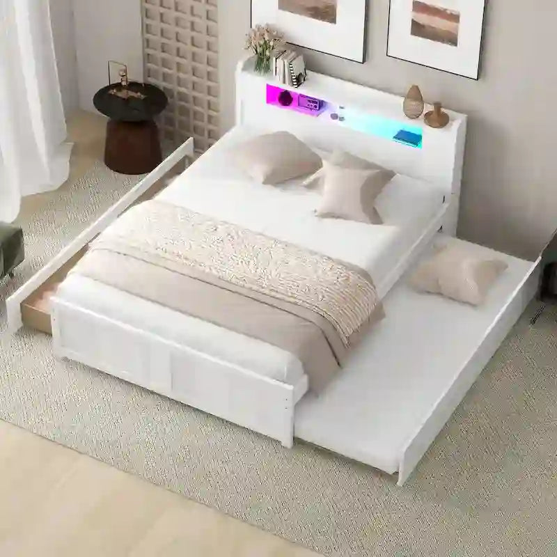 Lit plateforme avec lumières LED et lit gigogne, cadre de lit de rangement en bois avec étagère de tête de lit et 2 tiroirs pour enfants, adolescents et adultes