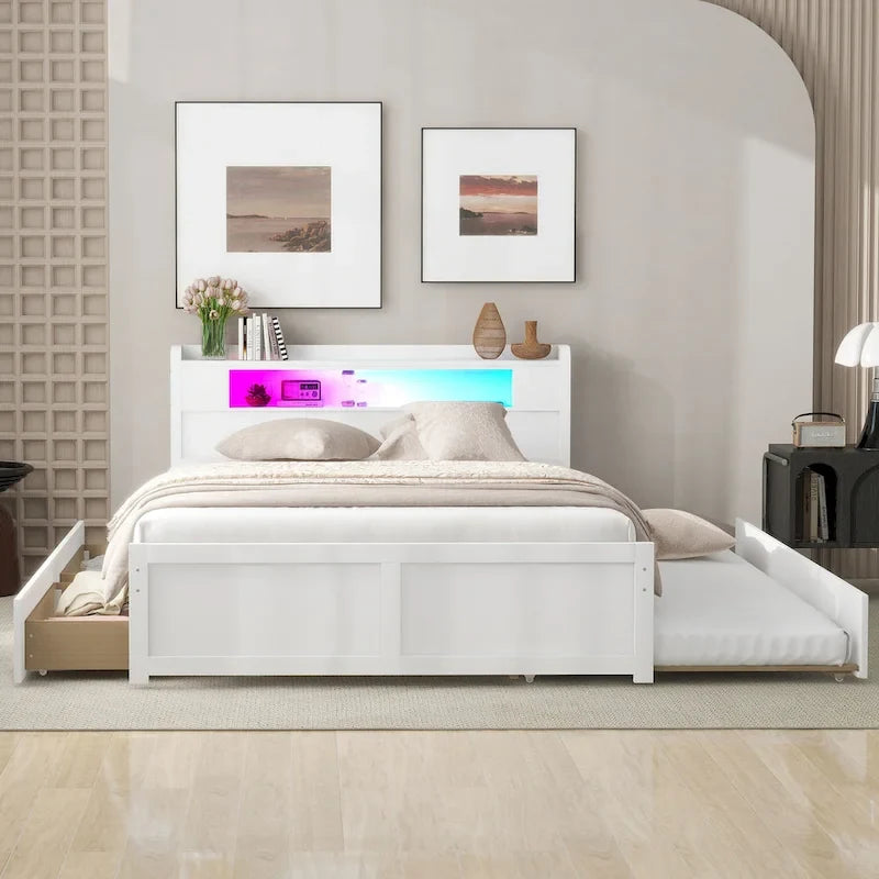 Lit plateforme avec lumières LED et lit gigogne, cadre de lit de rangement en bois avec étagère de tête de lit et 2 tiroirs pour enfants, adolescents et adultes
