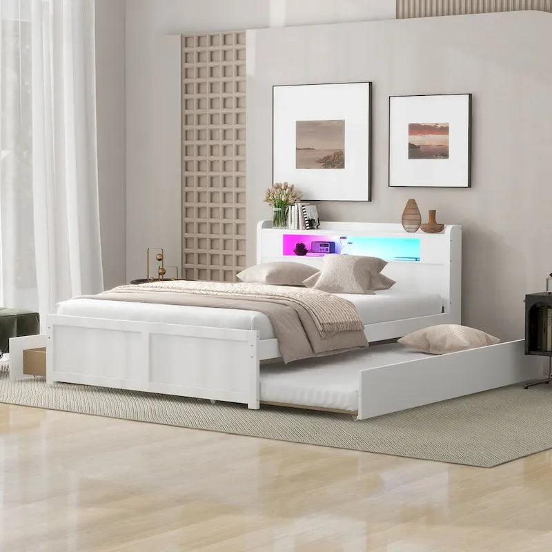 Lit plateforme avec lumières LED et lit gigogne, cadre de lit de rangement en bois avec étagère de tête de lit et 2 tiroirs pour enfants, adolescents et adultes