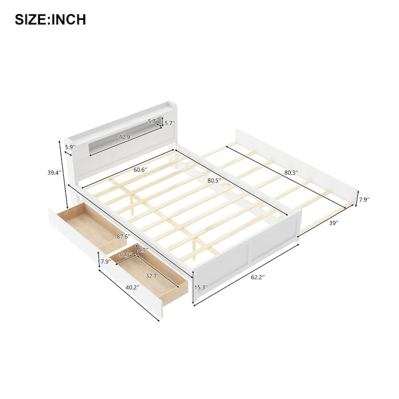 Lit plateforme avec lumières LED et lit gigogne, cadre de lit de rangement en bois avec étagère de tête de lit et 2 tiroirs pour enfants, adolescents et adultes