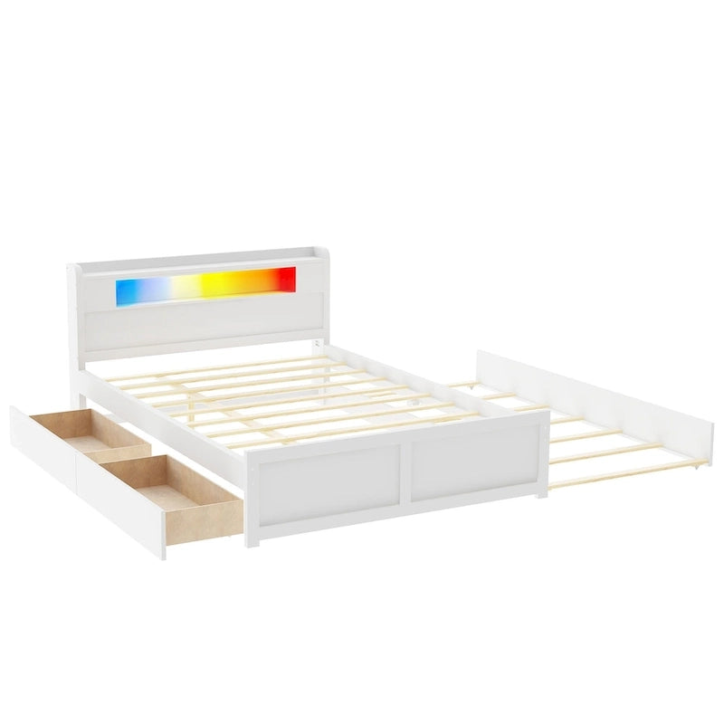 Lit plateforme avec lumières LED et lit gigogne, cadre de lit de rangement en bois avec étagère de tête de lit et 2 tiroirs pour enfants, adolescents et adultes