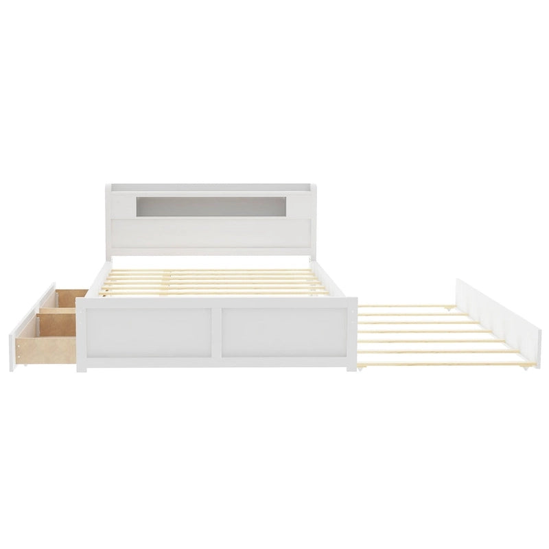 Lit plateforme avec lumières LED et lit gigogne, cadre de lit de rangement en bois avec étagère de tête de lit et 2 tiroirs pour enfants, adolescents et adultes