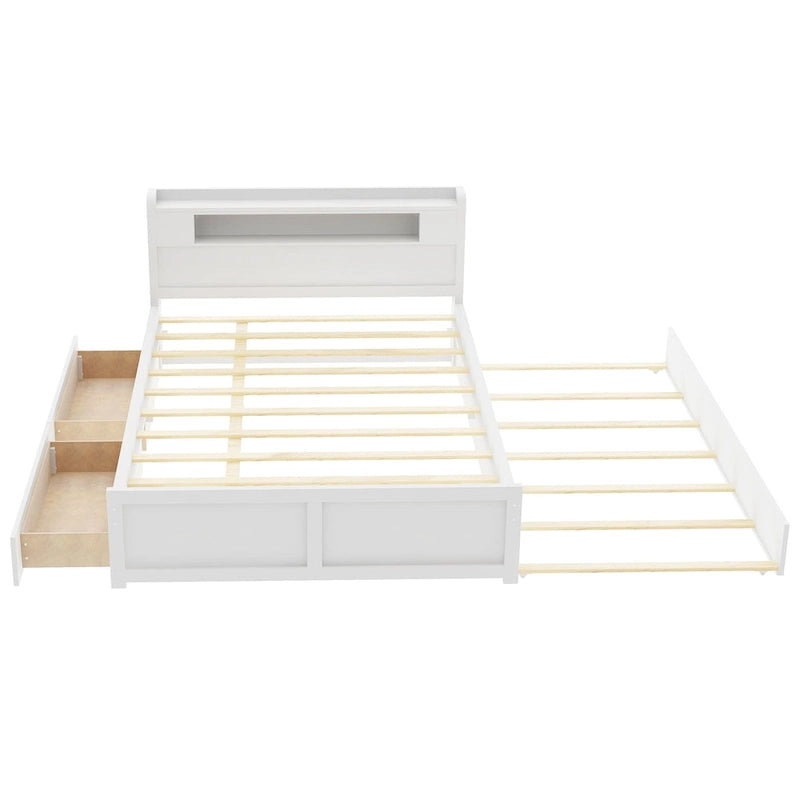Lit plateforme avec lumières LED et lit gigogne, cadre de lit de rangement en bois avec étagère de tête de lit et 2 tiroirs pour enfants, adolescents et adultes