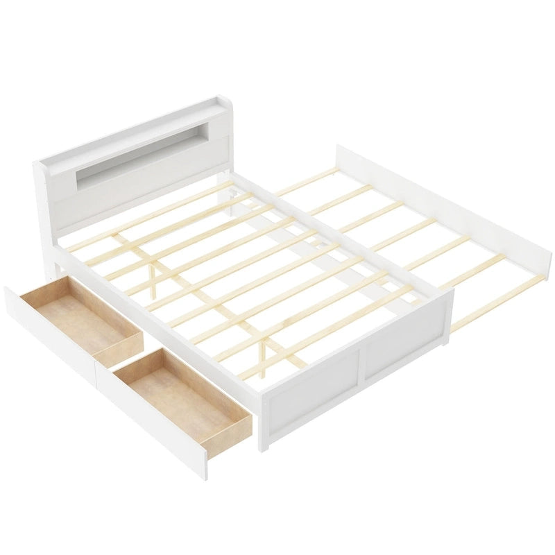 Lit plateforme avec lumières LED et lit gigogne, cadre de lit de rangement en bois avec étagère de tête de lit et 2 tiroirs pour enfants, adolescents et adultes