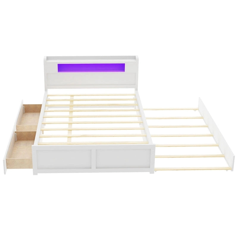 Lit plateforme avec lumières LED et lit gigogne, cadre de lit de rangement en bois avec étagère de tête de lit et 2 tiroirs pour enfants, adolescents et adultes