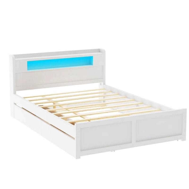 Lit plateforme avec lumières LED et lit gigogne, cadre de lit de rangement en bois avec étagère de tête de lit et 2 tiroirs pour enfants, adolescents et adultes