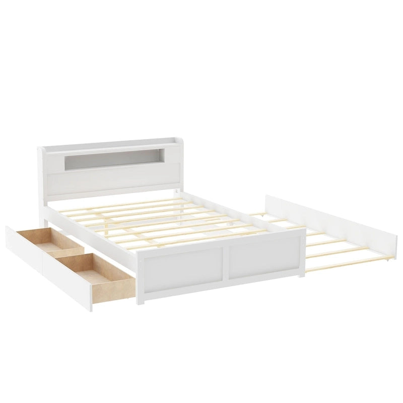 Lit plateforme avec lumières LED et lit gigogne, cadre de lit de rangement en bois avec étagère de tête de lit et 2 tiroirs pour enfants, adolescents et adultes