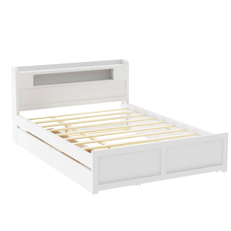 Lit plateforme avec lumières LED et lit gigogne, cadre de lit de rangement en bois avec étagère de tête de lit et 2 tiroirs pour enfants, adolescents et adultes
