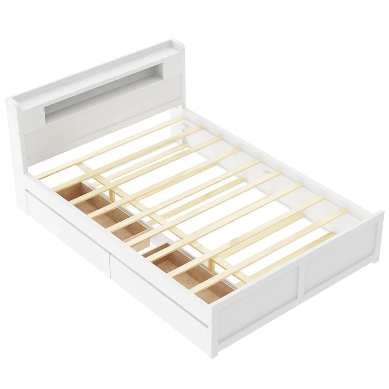 Lit plateforme avec lumières LED et lit gigogne, cadre de lit de rangement en bois avec étagère de tête de lit et 2 tiroirs pour enfants, adolescents et adultes