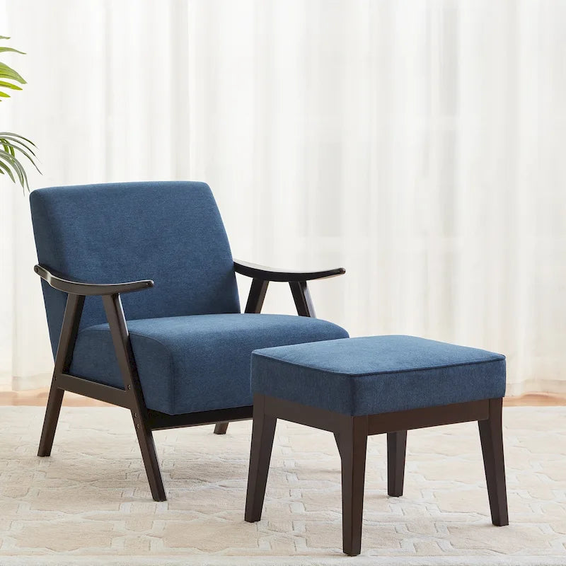 Fauteuil rembourré Mid-Century 27.7 avec cadre en bois massif et repose-pieds