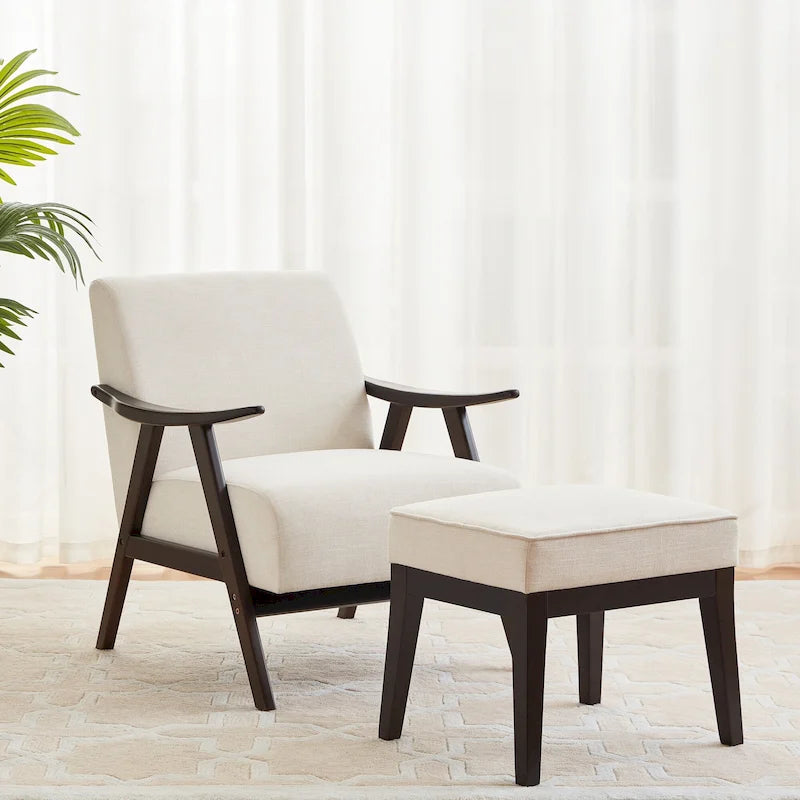 Fauteuil rembourré Mid-Century 27.7 avec cadre en bois massif et repose-pieds