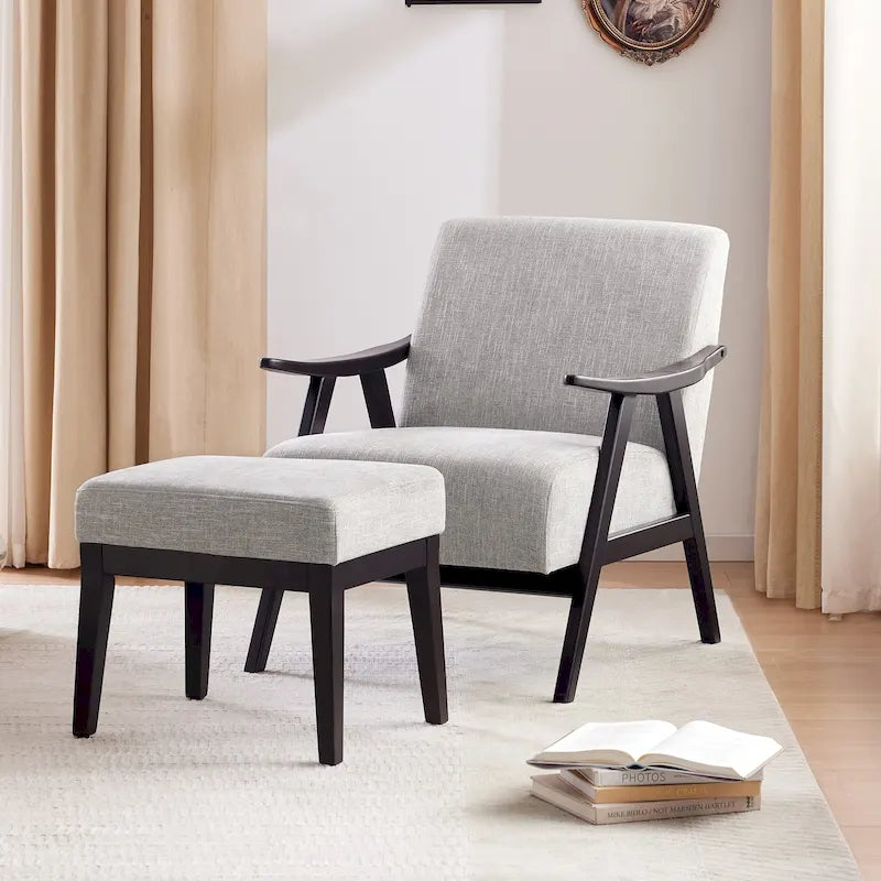 Fauteuil rembourré Mid-Century 27.7 avec cadre en bois massif et repose-pieds